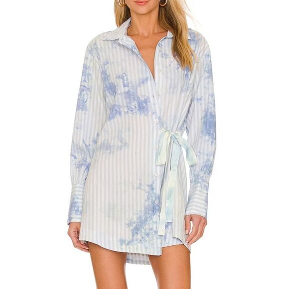 Free People x REVOLVE Women Sz XS Blue Nola Striped-Tie Dye L/S Shirt Dress - Picture 7 of 9